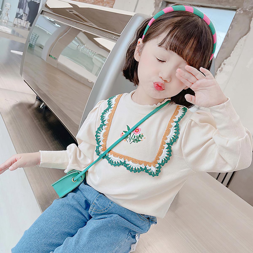 BABEPROUD Áo thun thêu hoa tay dài cổ cao nửa cho bé gái 2-7 tuổi