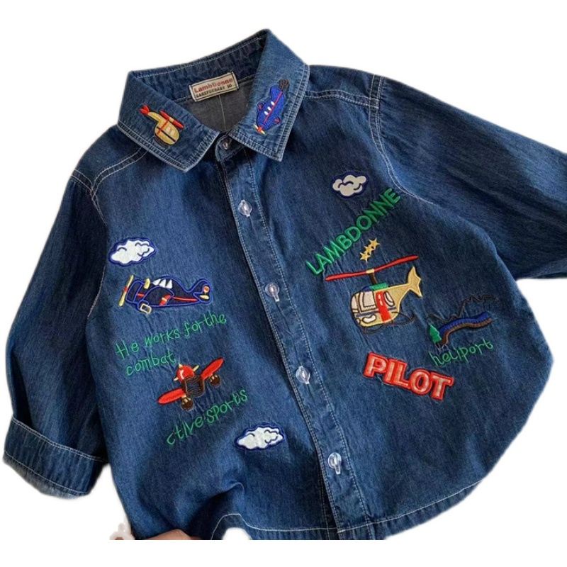Áo Sơ Mi denim Thêu Họa Tiết Dễ Thương Phong Cách Nhật Hàn Thời Trang Xuân Thu Cho Bé Trai