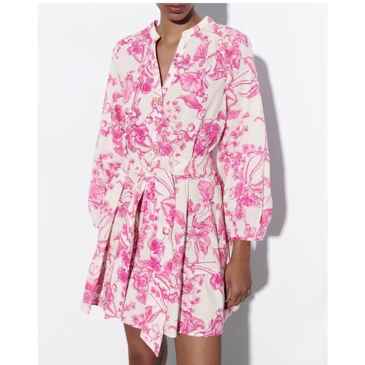 Trf 23 Đầm Ngắn Cổ Chữ V Tay Dài In Họa Tiết Phong Cách Pháp Có Thắt Lưng Trang Trí Mùa Hè3462271