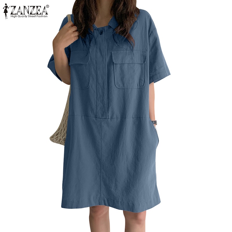 Đầm ZANZEA tay lửng cổ lật có túi màu trơn phong cách Hàn Quốc thời trang dành cho nữ