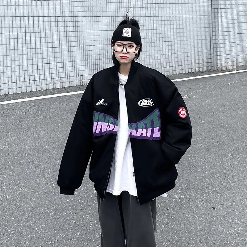 Áo khoác VUNC tay dài dáng rộng có nón họa tiết chữ thời trang phong cách hip hop