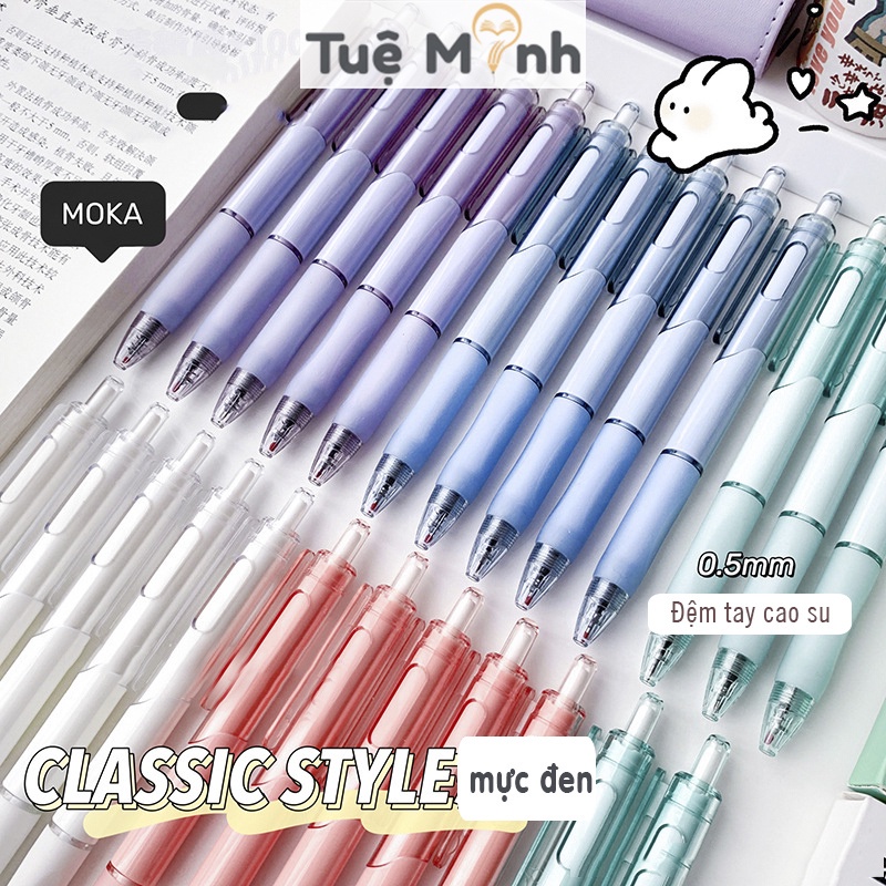 Bút bi gel bấm thân trong màu pastel Moka B92, nét 0.5mm mực đen Classic Style gài nhựa viết ghi chép tiện lợi