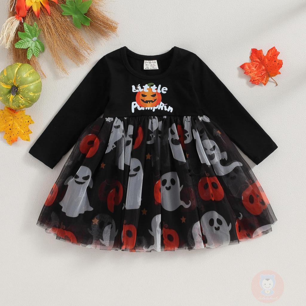 Đầm Xòe Chữ a Tay Dài Cổ Tròn Họa Tiết halloween laa6 Cho Bé Gái