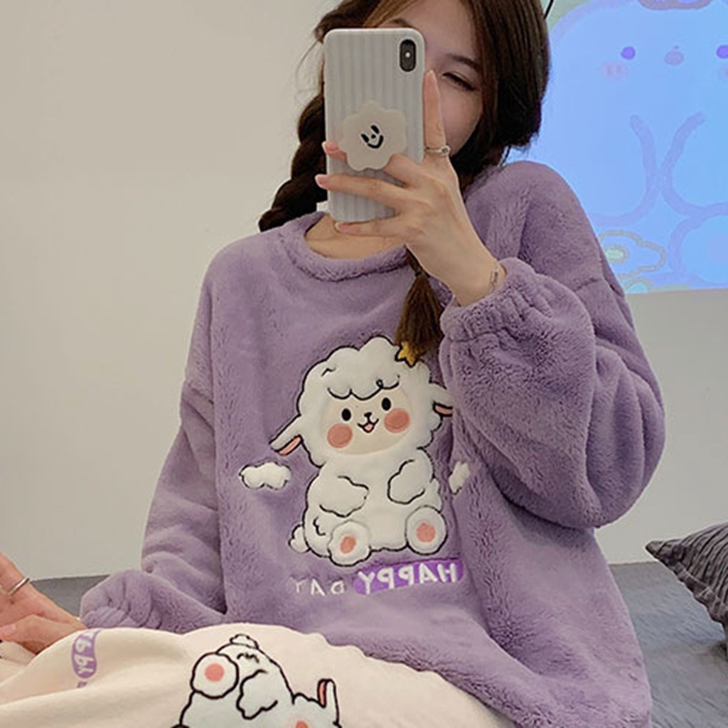 Bộ đồ ngủ nữ fluffy kawaii leisure loose two-piece sleepwear set
