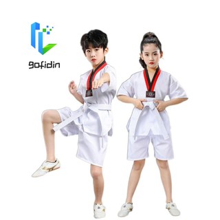 Bộ đồng phục tập võ taekwondo tkd wtf taekwondo karate bằng cotton polyester màu trắng cho trẻ em