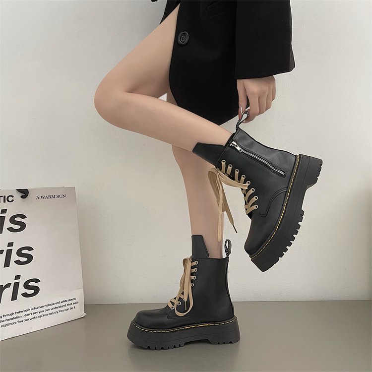 Blackpink cùng phong cách pu nền tảng ngón chân tròn đế martin boots phong cách anh niche ins side zipper dày đế thời trang boots nữ
