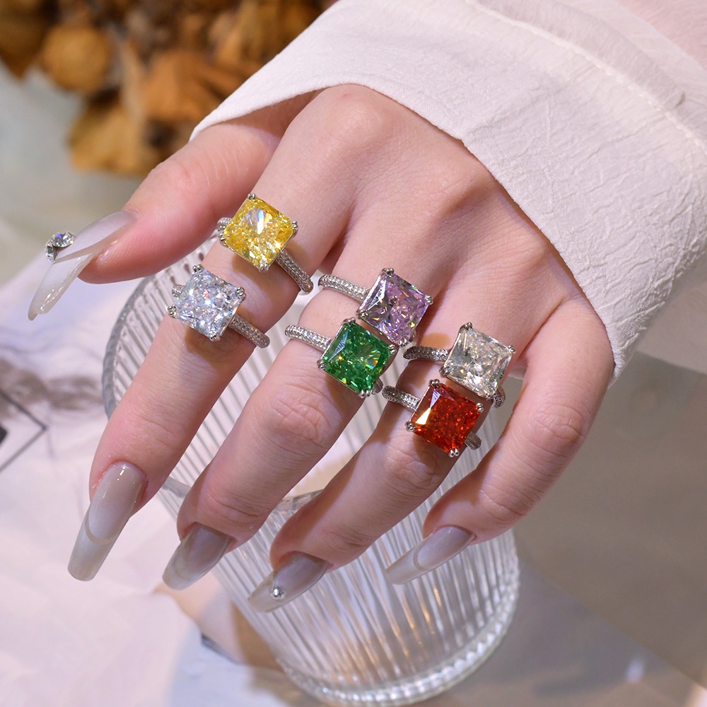 Nhẫn bạc nguyên chất Nữ 10 carat cao carbon kim cương 10 * 10mm ruby nhẫn tinh khiết bạc Redian băng hoa cắt nhẫn kim cương