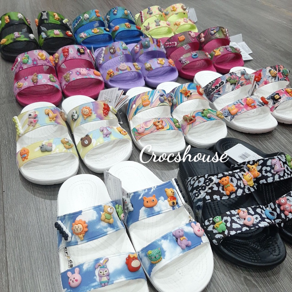 (Bảng màu 2) Dép crocs hai quai ngang hoạ tiết classic tặng 2 sticker gắn dép, dép quai ngang crocs nam nữ - Crocs house