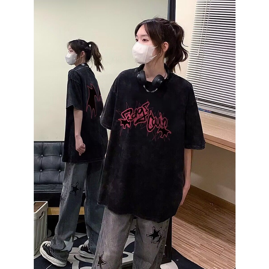 NRVP Áo Thun Đen 100% Cotton Tay Ngắn Dáng Rộng In Hoạ Tiết Độc Đáo