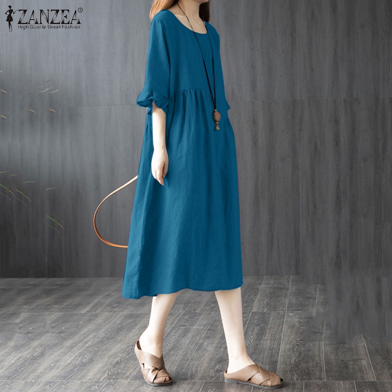 Đầm nữ ZANZEA tay lửng cổ tròn phối bèo thời trang