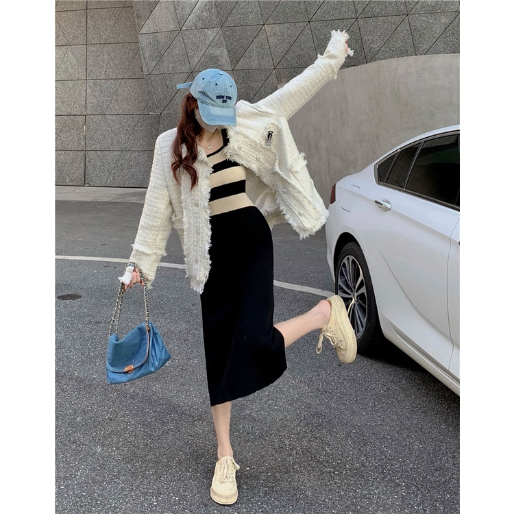 SUXI Đầm Midi Hai Dây Dệt Kim Ôm Dáng Phối Họa Tiết Kẻ Sọc Màu Đen Thời Trang Mùa Xuân Cho Nữ