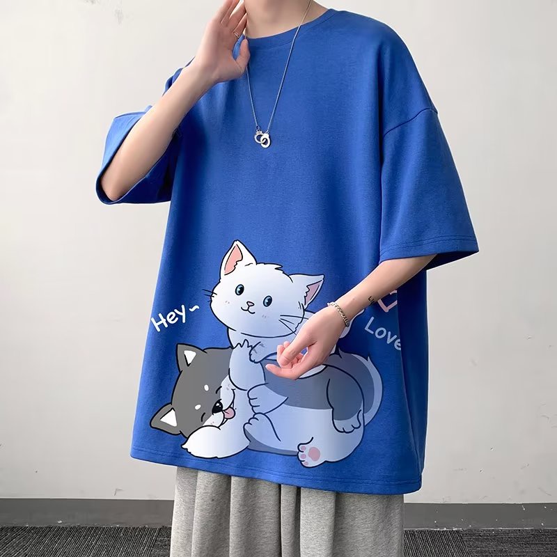 M-8XL áo phông nam tay lỡ,Áo Thun Tay Ngắn Dáng Rộng Phim hoạt hình hai con mèo béo in Phong Cách Hồng Kông Thời Trang Cho Nam