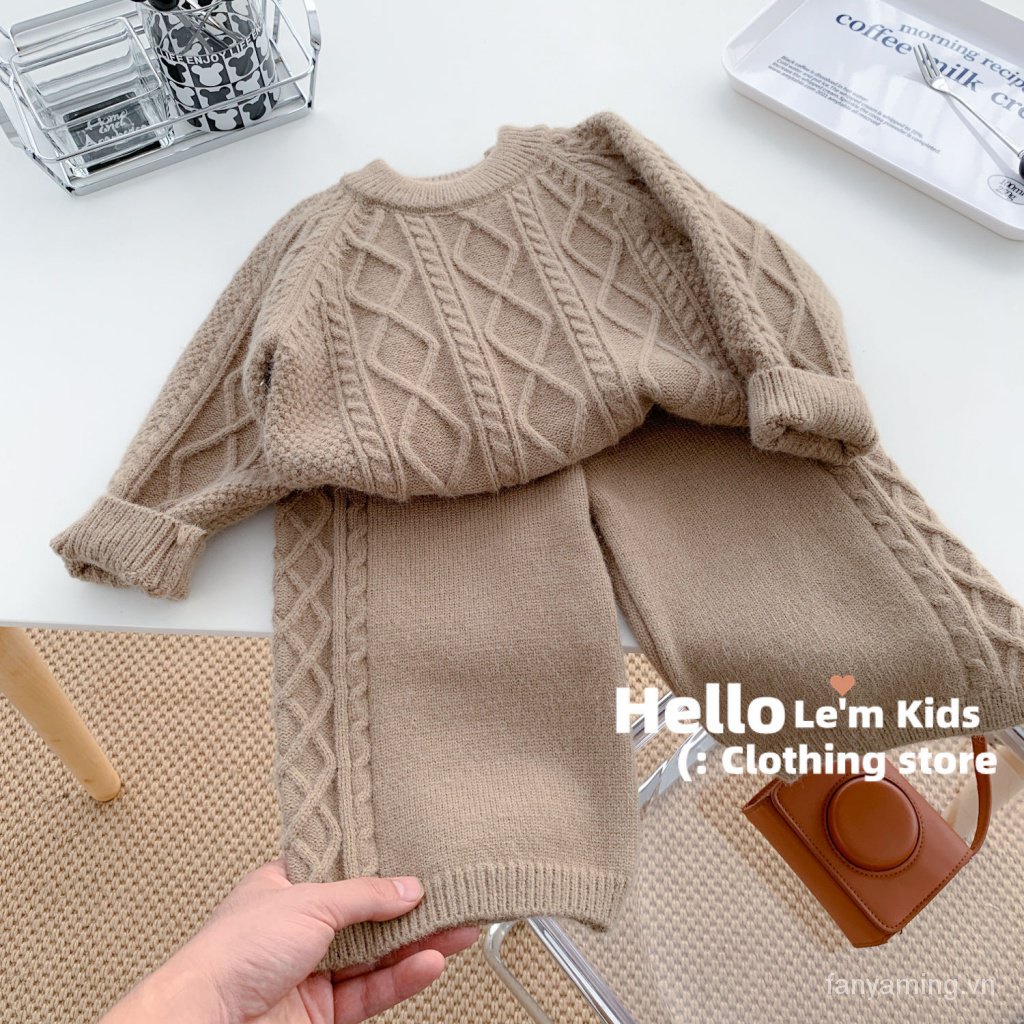 Bộ Áo Len Tay Phồng + Quần Dài Màu Trơn Phong Cách Hàn Quốc Thời Trang Thu Đông Xinh Xắn Cho Bé Gái Màu Sắc