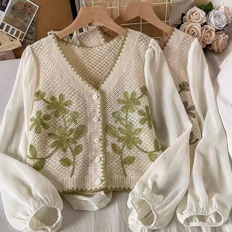 Áo Khoác Chiffon Dệt Kim Tay Dài Cổ Chữ V Cài Nút In Hoa Kiểu Pháp Cho Nữ