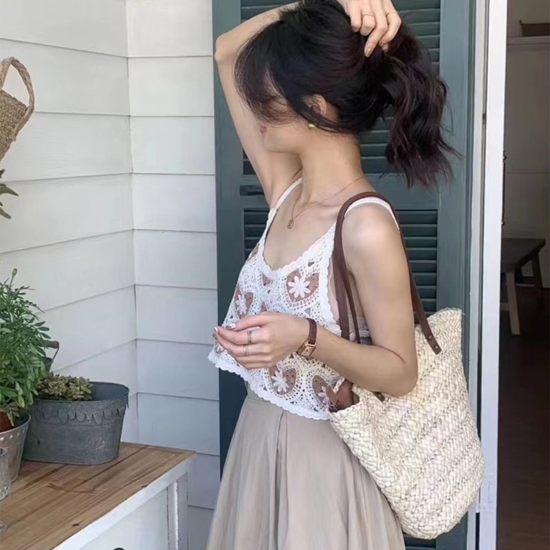 Áo Croptop Hai Dây Dệt Kim Cổ Chữ U Họa Tiết Hoa Thời Trang Đường Phố Gợi Cảm Dành Cho Bạn Nữ