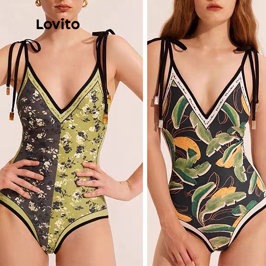 Đồ bơi một mảnh Lovito in họa tiết hoa nhí hai mặt cổ chữ V phối dây tương phản thắt dây phong cách boho cho nữ L48AD021 (màu hồng/ vàng/ đen)