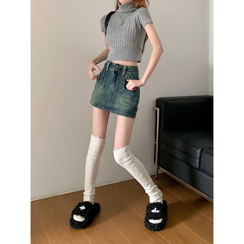 Jiashucheng Chân Váy Denim Ngắn Dáng Ôm Lưng Cao Phong Cách Retro Hong Kong Thời Trang Mùa Hè Dành Cho Nữ