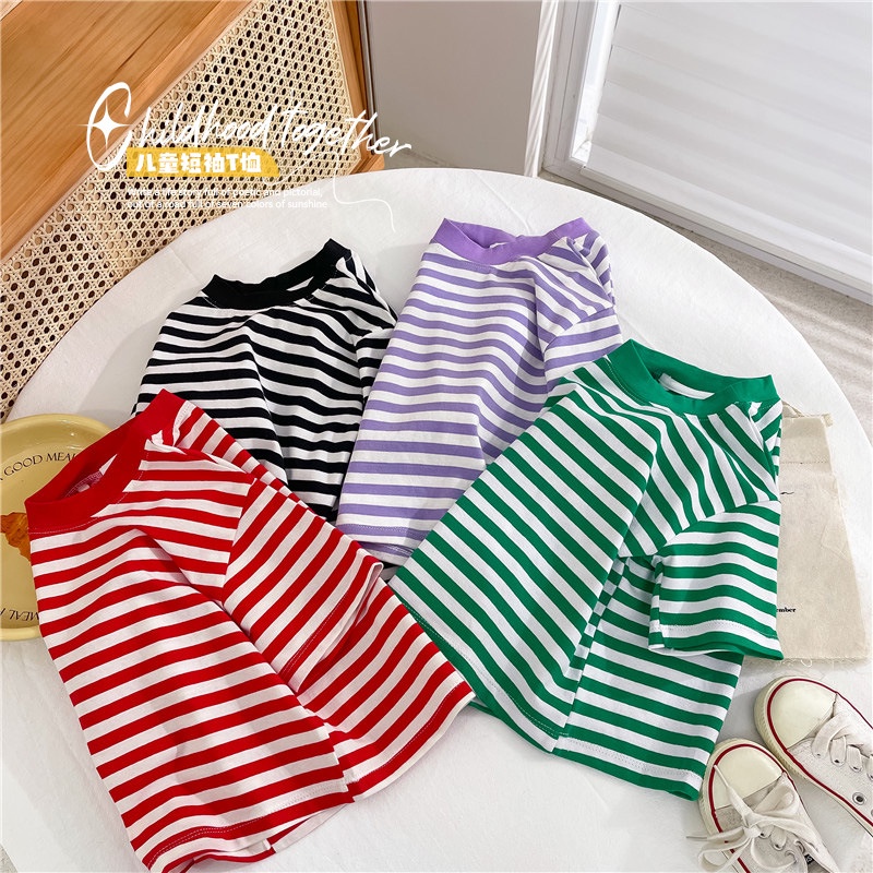 Áo Thun Cotton Ngắn Tay Cổ Tròn Họa Tiết Kẻ Sọc 80-150CM Thời Trang Mùa Hè Cho Bé Gái