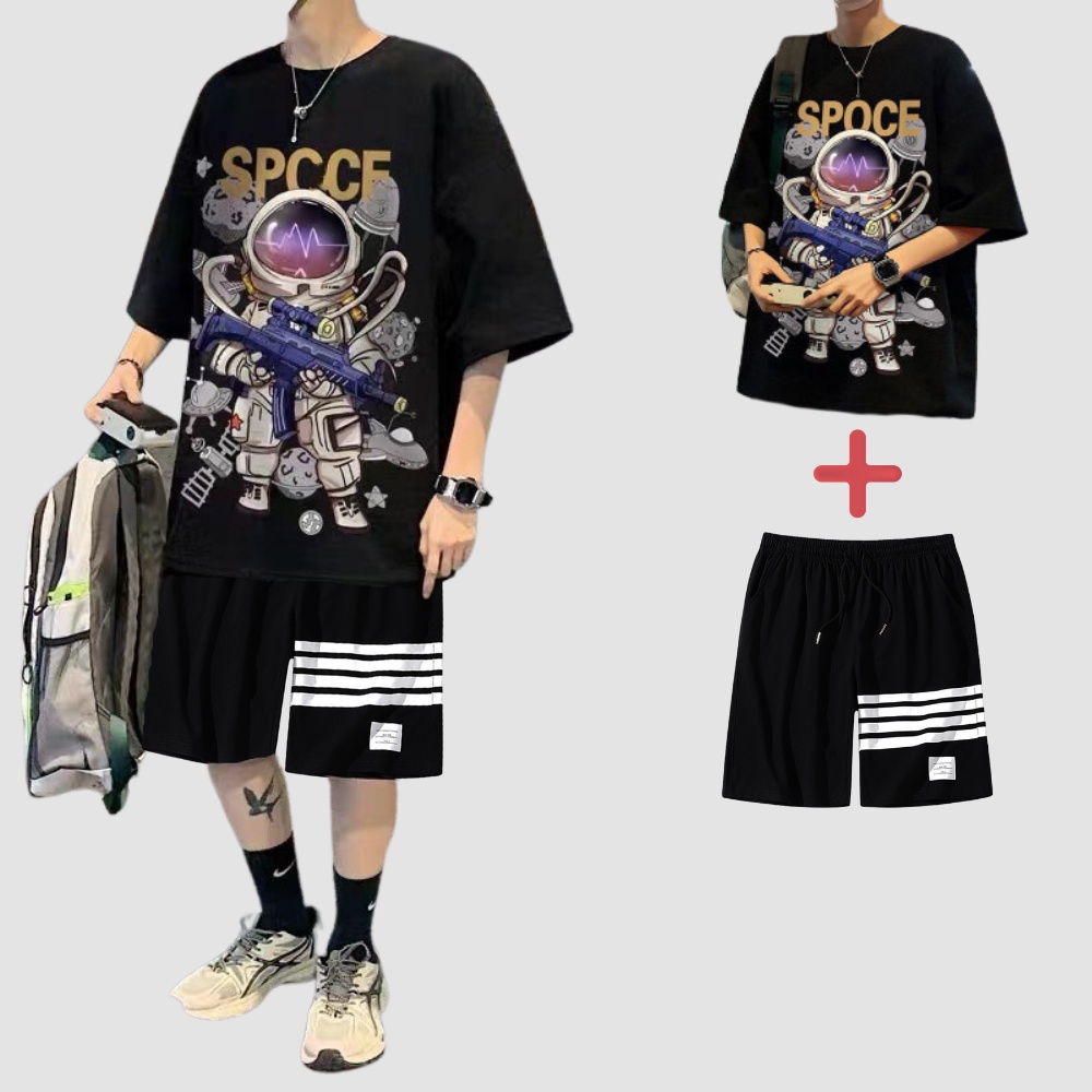 Mẫu mới combo áo thun form rộng phi hành gia spoce kèm quần short sọc ngang cá tính stylemarven top 011 ghep short 016