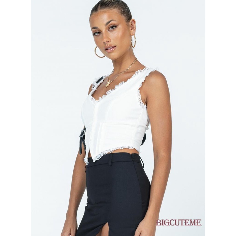 [] Áo Tank Top Không Tay Cổ Chữ V Viền Ren Không Đều Màu Trắng / Đen Cho Nữ