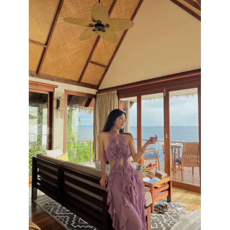 Sanya Đầm Dài Cổ Yếm Nhún Bèo Phong Cách Thái Lan Thời Trang Đi Biển Quyến Rũ
