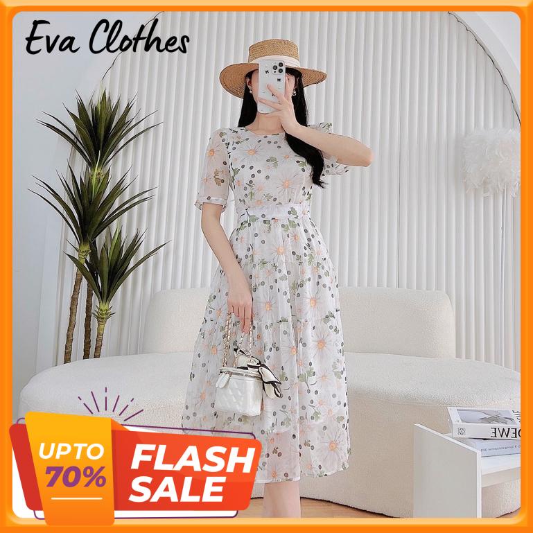 Váy hoa nhí cổ tròn tay ngắn thiết kế thắt eo mặc tôn dáng cho nữ