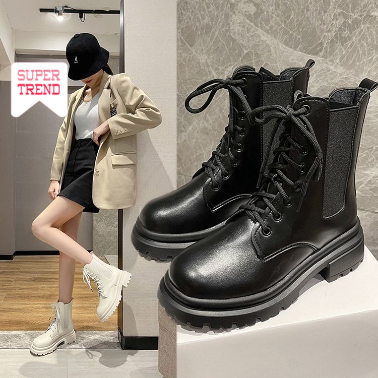 Giày Ống Ngắn Cột Dây Phía Trước Màu Trơn Cổ Điển Đơn Giản Thời Trang