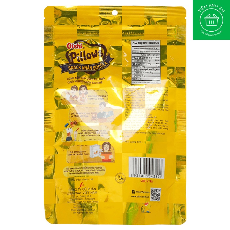 Snack sôcôla Oishi Pillows Party Size gói 85g
