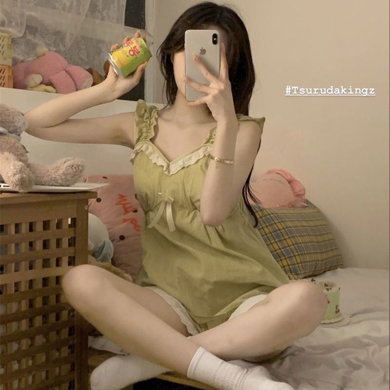 Bộ Đồ Ngủ Hai Dây Phối Ren Có Miếng Đệm Ngực Thời Trang Mùa Hè Cho Nữ