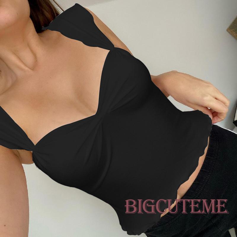 [] Áo Thun Crop Top Không Tay Cổ Chữ V Màu Trơn Viền Diềm Xếp Nếp Mùa Hè Cho Nữ