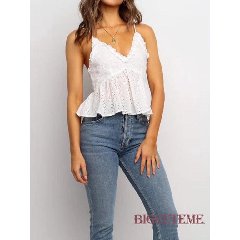 Áo Tank Top Hai Dây Cổ Chữ V Khoét Sâu Màu Trắng In Họa Tiết Hoa Thời Trang Mùa Hè Cho Nữ