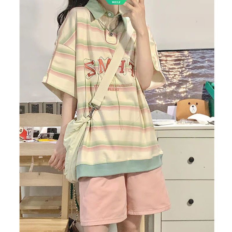 Áo polo Tay Ngắn Dáng Rộng Họa Tiết Kẻ Sọc Thời Trang Mùa Hè 2023 Cho Nữ