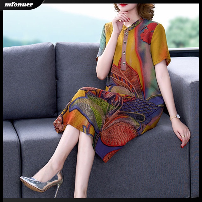 Đầm Midi Chữ A Tay Ngắn Cổ Tròn Dáng Rộng In Họa Tiết Cổ Điển Có Size Lớn Cho Nữ