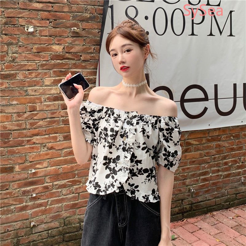 Áo Kiểu Tay Phồng Cổ Vuông Họa Tiết Hoa Phong Cách Hàn Quốc