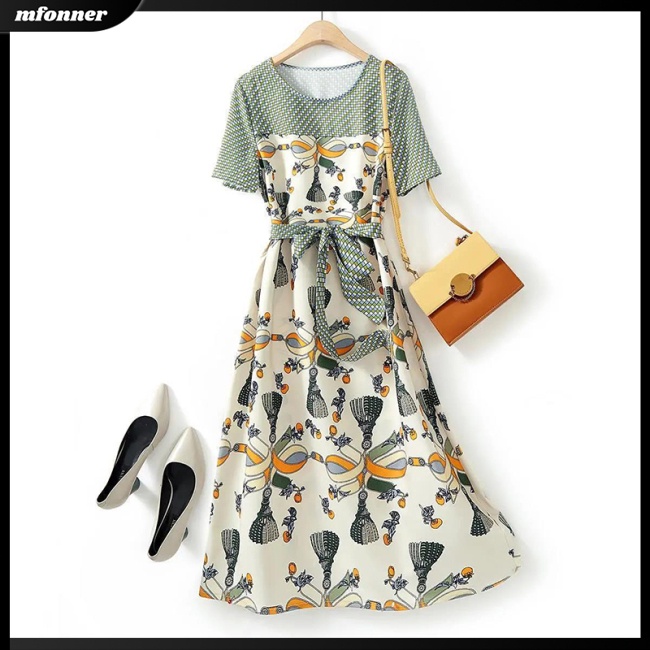 Đầm Midi Giả Hai Lớp Dáng Chữ A Tay Ngắn Cổ Tròn Màu Sắc Tương Phản Thời Trang Cho Nữ