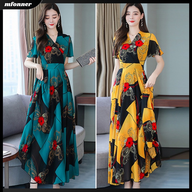 Đầm Lụa Dài Xếp Ly Lưng Cao Cổ Chữ V In Họa Tiết Cho Nữ