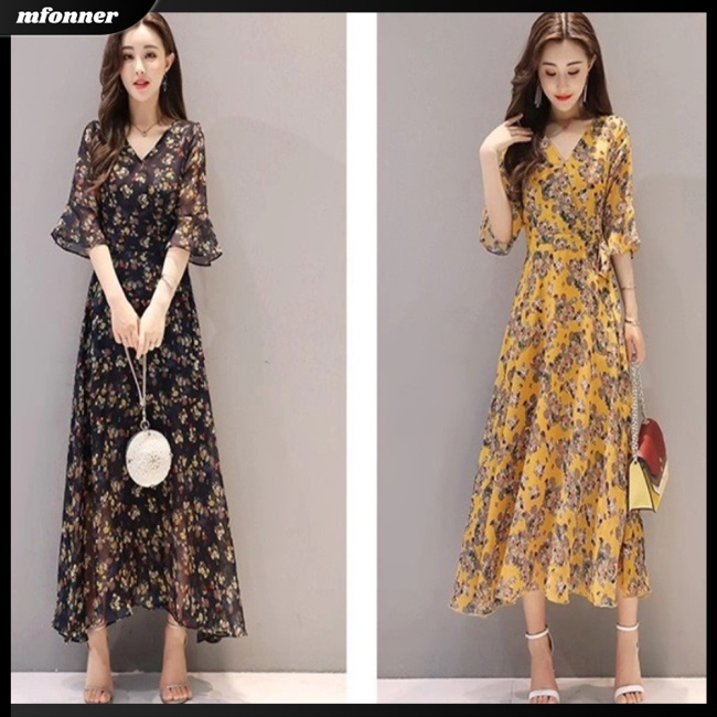 Đầm Dài Tay Loe In Họa Tiết Hoa Trang Nhã Dành Cho Nữ