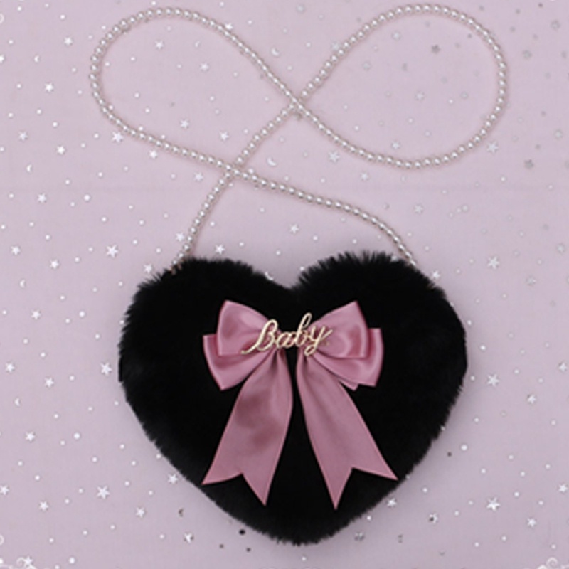 Sang Trọng Túi Đeo Vai Nhung Lông Đính Nơ Ngọc Trai Hình Trái Tim Dễ Thương Phong Cách Lolita Nhật