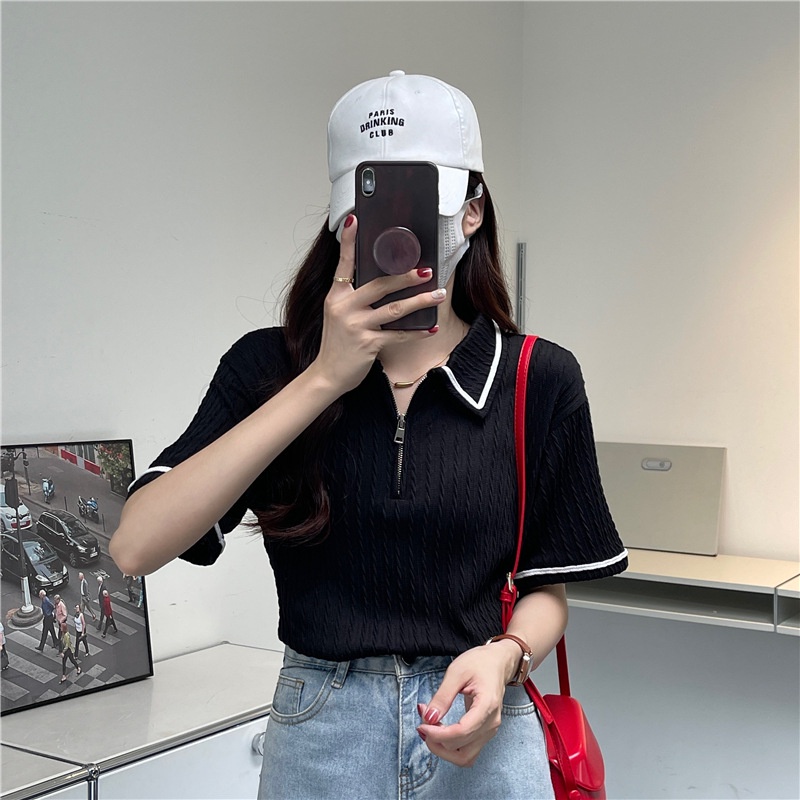 Áo thun jacquard ngắn tay kéo kéo thời trang phụ nữ