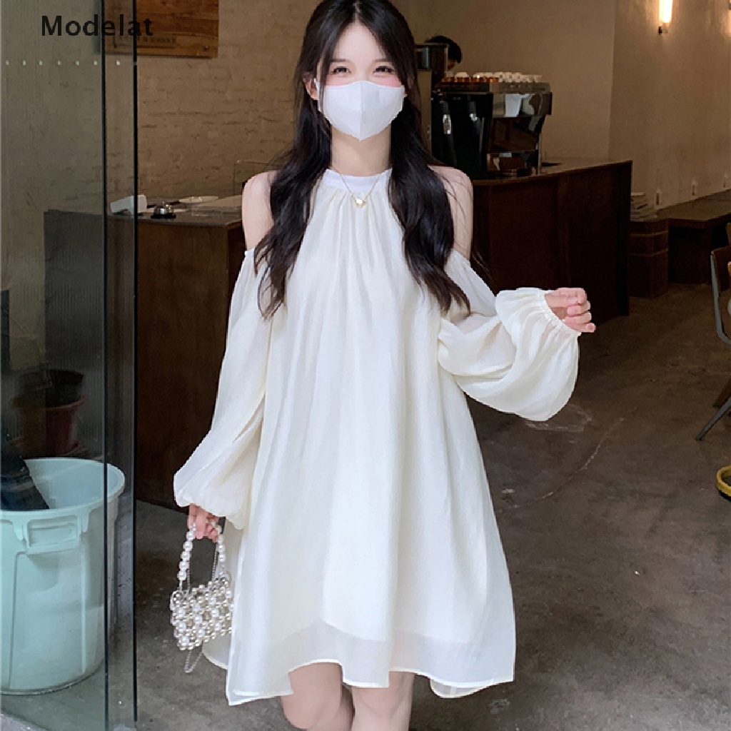 Mfc Đầm Chiffon Mini Tay Dài Trễ Vai Màu Trơn Kiểu Pháp Thời Trang Mùa Hè Cho Nữ