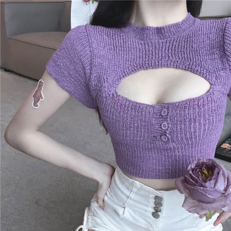 Áo Thun Dệt Kim Tay Ngắn Cổ Tròn Dáng Ôm Thời Trang Mùa Hè Dành Cho Nữ