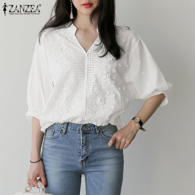 Zanzea Áo Nữ Tay Phồng Cổ Chữ V Thời Trang Phong Cách Hàn Quốc