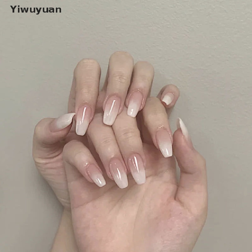 < Yiwuyuan > Keo Dán Móng Tay Giả Acrylic Màu Trắng Gradient Kiểu Pháp