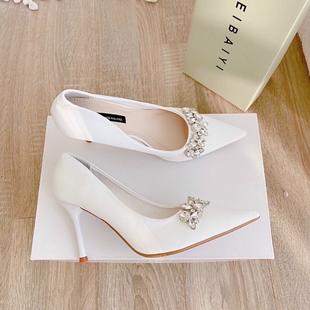 Giày cao gót lụa mịn dây đá ngang gót đũa nhỏ 9p HH78