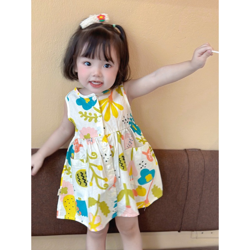 Váy sát nách vải lanh cực yêu cho bé gái mùa hè siêu cute