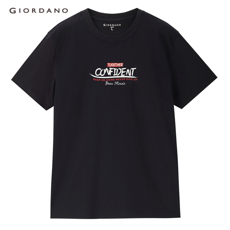 Áo thun nam GIORDANO 13093205 cotton 100% cổ tròn tay ngắn in họa tiết chữ dệt kim thời trang