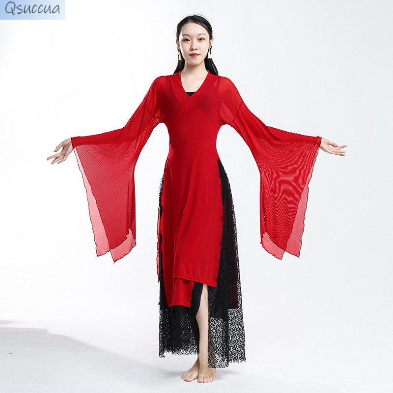 Qsuccua Bộ Trang Phục Biểu Diễn Múa Cổ Điển Tay Dài Vải Gạc Phối Ren Tay Rộng Xẻ Tà Thanh Lịch Cho Nữ