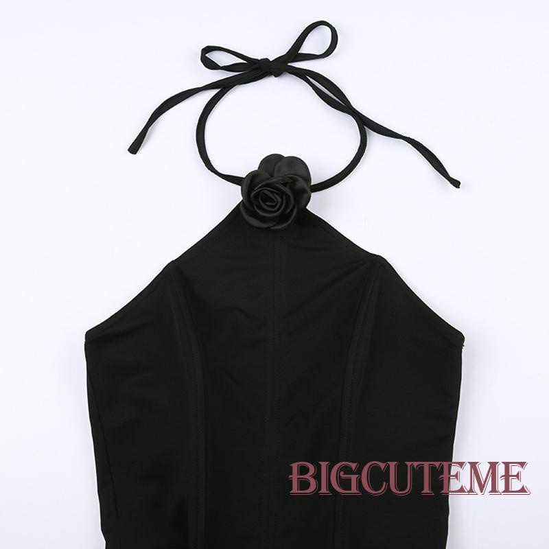 [] - Áo Tank Top Hai Dây Cột Dây Màu Trơn Họa Tiết Hoa Xương Cá Ôm Dáng Mùa Hè Cho Nữ Đen