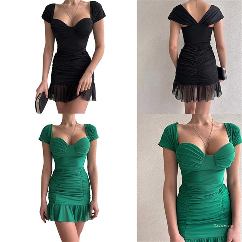 Đầm Mini Ngắn Tay Cổ Chữ V Phối Lưới Thời Trang Cho Nữ