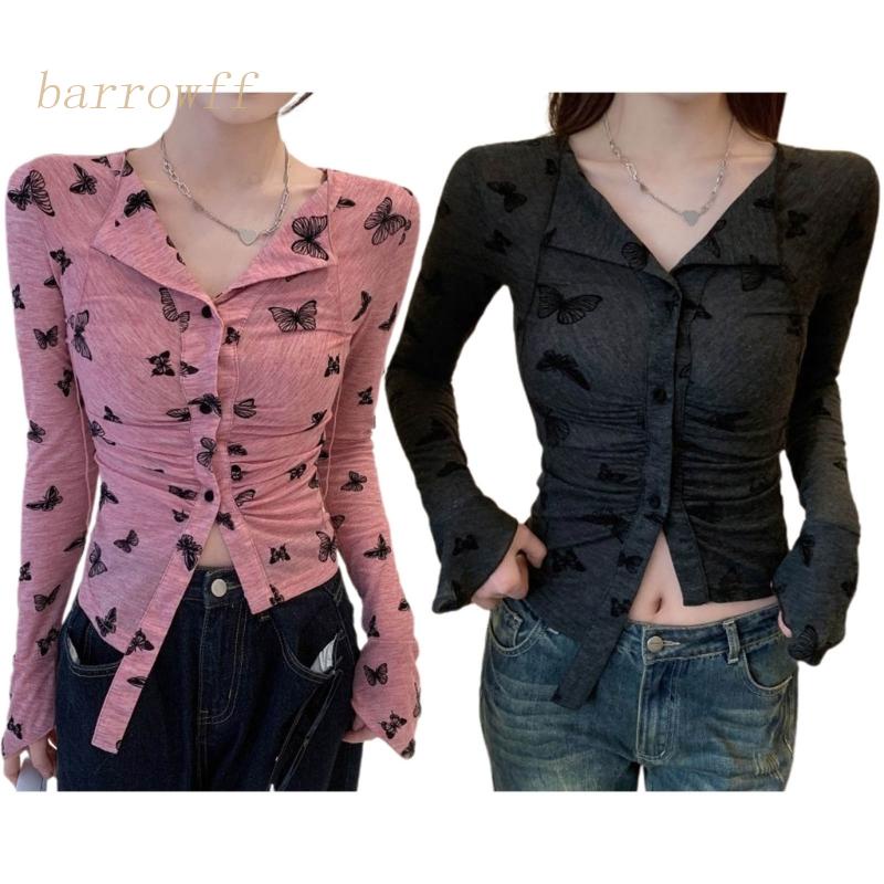 Áo Sweater Dệt Kim Tay Dài Cổ Bẻ In Họa Tiết Bươm Bướm Thời Trang Mùa Xuân Xinh Xắn Cho Nữ